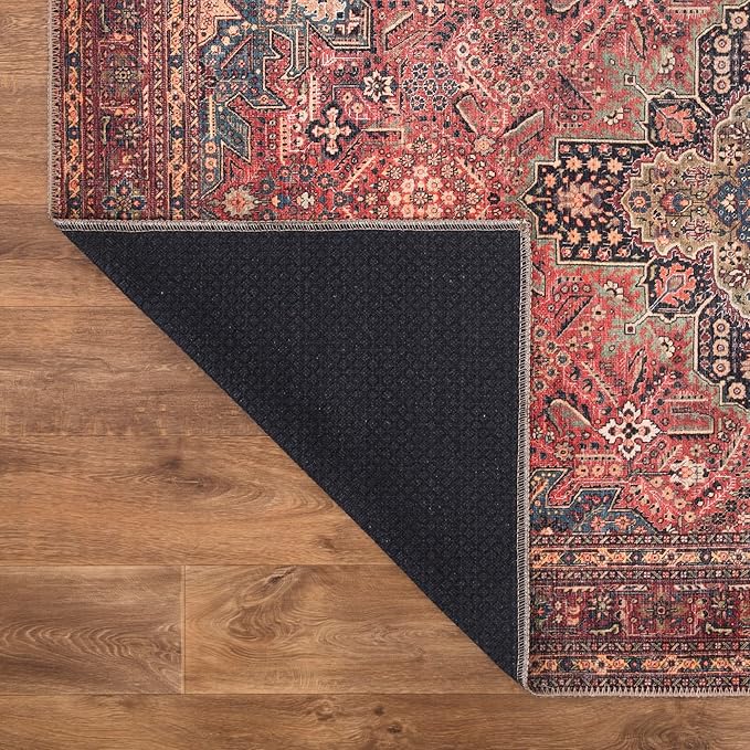 Bloom Rugs Washable Non-Slip 10x14 Rug - Red/Teal Blue/Yellow Traditional Medallion Area Rug for Living Room, Bedroom, Dining Room, and Kitchen - Exact Size: 10' x 14'