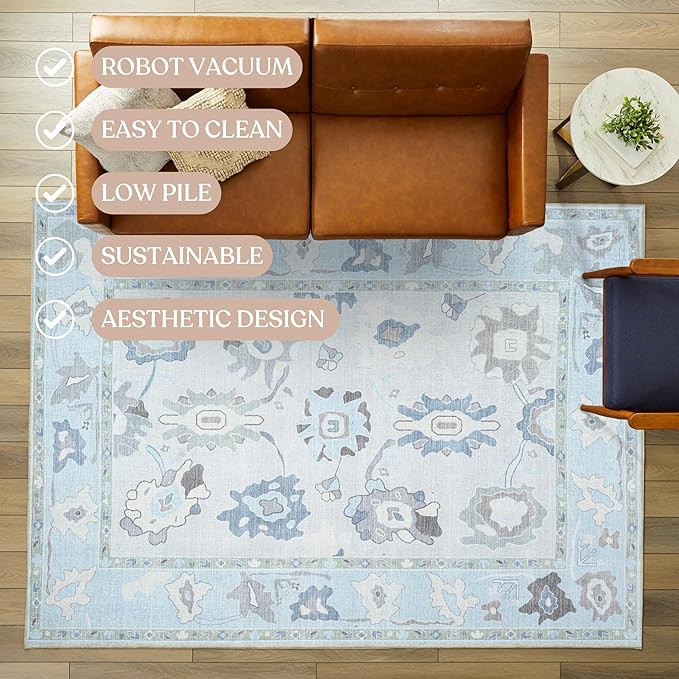 Fame Living Cream Blue Oushak Rug, Modern, Vintage, Turkish, Eclectic, Floral, Pastel, Washable, Area Rugs for Living Room, Dining, Bedroom, Office, Entryway, Foyer, Playroom, Nursery, 5'x6'9"