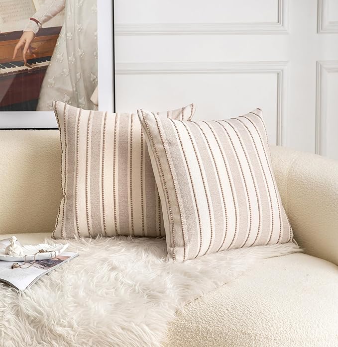Decorative Boho Throw Pillow Covers, Farmhouse Textured Pillow Case, 18 x 18 Inch Set of 2, Chair Sofa Bedroom Living Room Home Decor Couch Cushion Case, Taupe and Beige Striped