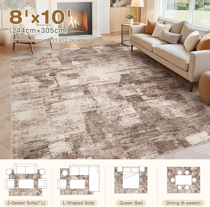 Abstract Living Room Rug 8x10 - Modern Washable Soft Thin Area Rug for Living Room Bedroom Under Dining Table - Neutral Indoor Floor Rug Carpets for Home Office Playroom Nursery - Brown