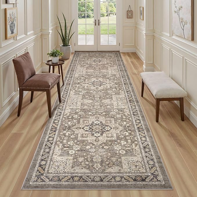 Vintage Hallway Runner Rug 3x10: Large Soft Washable Entryway for Kitchen Laundry Room Non-Slip Backing Runner for Entrance Living Room Bedroom Bathroom - Brown