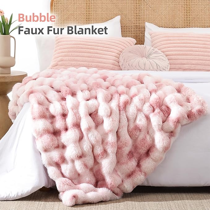 Smoofy Faux Fur Throw Blanket for Couch Rabbit Fleece - Tie-dye Pink Fluffy Blanket for Sofa Bedroom Living Room, Cozy Soft Plush Luxury Thick Winter Fuzzy Comfy Bubble Blanket - 60" x 80"