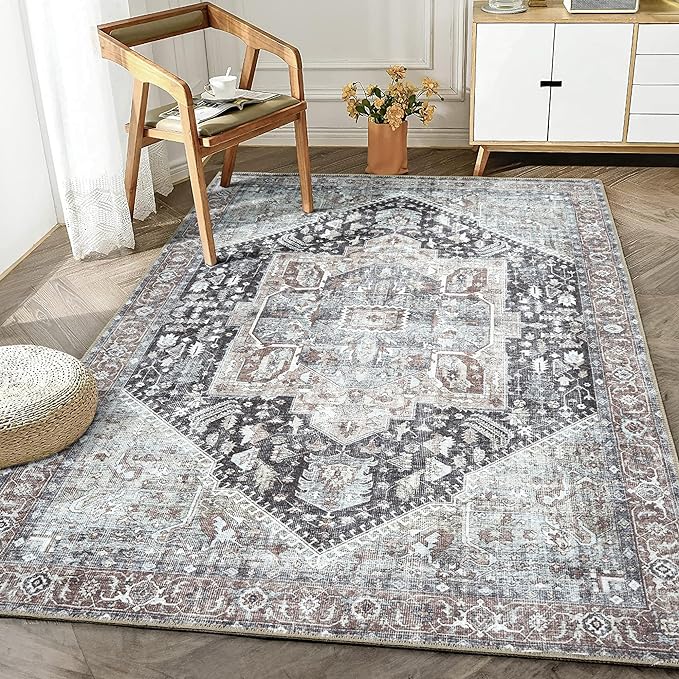 Bloom Rugs Washable Non-Slip 6' x 9' Rug - Charcoal/Brown Traditional Medallion Area Rug for Living Room, Bedroom, Dining Room, and Kitchen - Exact Size: 6' x 9'