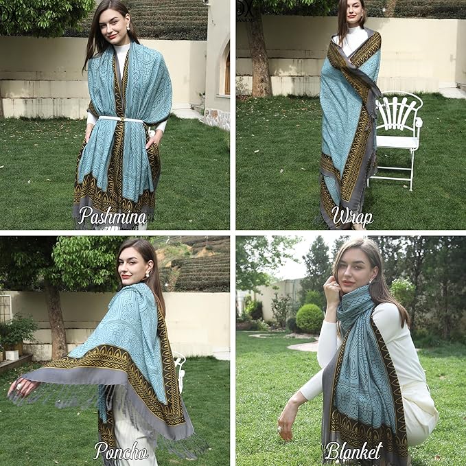 DANA XU 100% Merino Wool Extra Large Pashmina Blanket Travel Scarf Cashmere Wrap for Women Fall Winter Oversize Shawl Floral