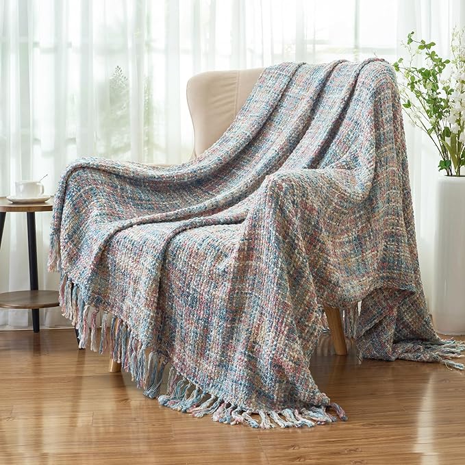 Multi-Color Pink Blue Cable Knitted Throw Blanket for Couch,60"X80" Boho Style Textured Blankets for Home Decor,Super Soft Warm Cozy Chunky Knit Blanket with Decorative Tassels for Bed
