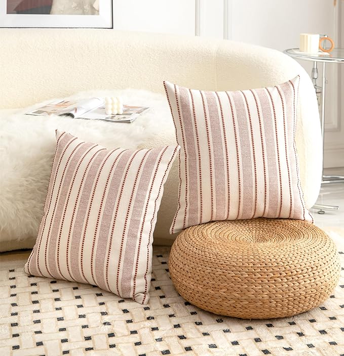 Decorative Boho Throw Pillow Covers, Farmhouse Textured Pillow Case, 20 x 20 Inch Set of 2, Chair Sofa Bedroom Living Room Home Decor Couch Cushion Case, Rust and Beige Striped