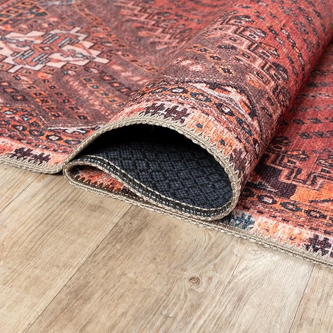 Bloom Rugs Washable Non-Slip 3' x 5' Rug - Red/Multicolor Traditional Bordered Area Rug for Living Room, Bedroom, Dining Room, and Kitchen - Exact Size: 3' x 5'