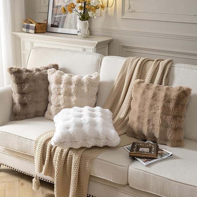 Pack of 2 Thick Plush Throw Pillow Covers Fluffy Wave Faux Fur Decorative Cushion Covers Soft Wool Pillowcase for Sofa Couch Livingroom 16x16 Inch White