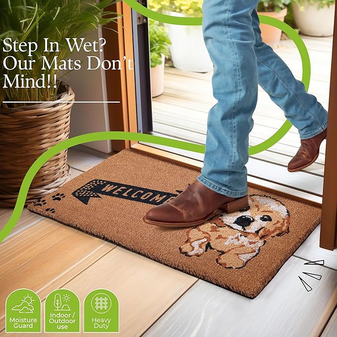 Coir Door Mats 17" X 30", Non-Slip Sturdy, PVC Backed Heavy Duty, Easy to Clean, Ideal for Door Entrance, Patio, Porch, Backyard, Garages, Cute Little Puppy Welcome