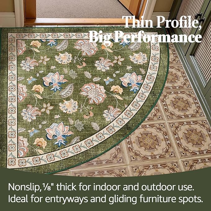 jinchan Elora Floral Corner Rug for Entryway Washable Rug Vintage Romance Christmas Design Non Slip Quarter Circle Lightweight Low-Pile Throw Carpet for Playroom Reading Nook, 4ft Radius, Green