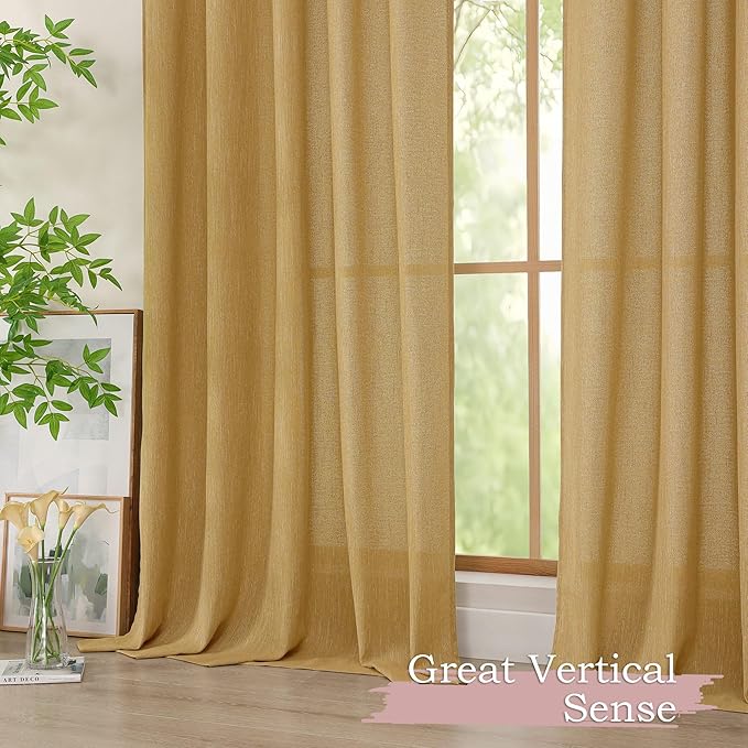 Simplebrand Gold Short Faux Linen Textured Cafe Kitchen Curtains 36 Inch Length 2 Panels, Over Sink Semi Sheer Farmhouse Light Filtering Panels Rod Pocket Drapes for Bathroom Window, 40 x 36 Inch