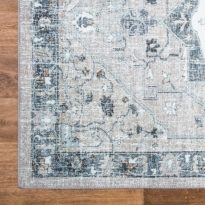 Bloom Rugs Washable Non-Slip 6' x 9' Rug - Pebble Gray/Blue Traditional Medallion Area Rug for Living Room, Bedroom, Dining Room, and Kitchen - Exact Size: 6' x 9'