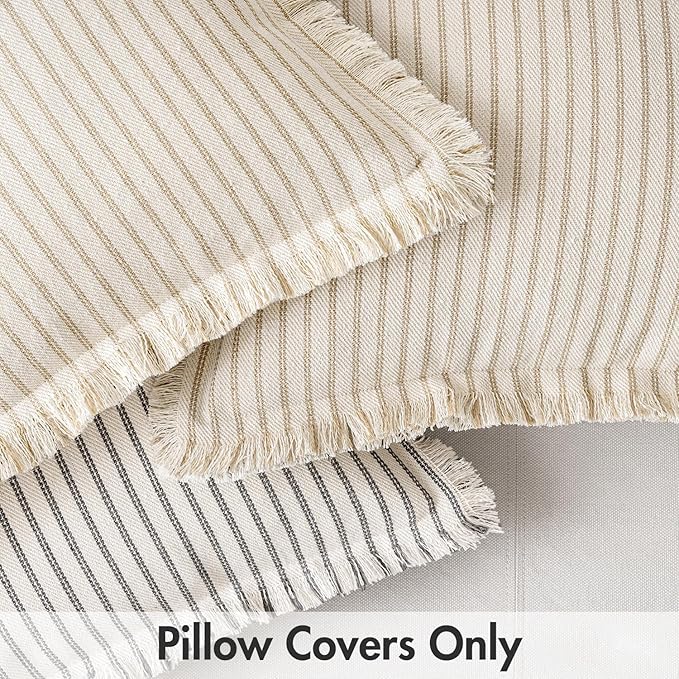 MIULEE Pack of 2 Khaki Pillow Covers 26x26 Inch Striped Farmhouse Couch Throw Pillow Covers with Fringe Chic Linen Decorative Cushion Eruo Sham for Sofa Living Room Bed Outdoor Home Decor