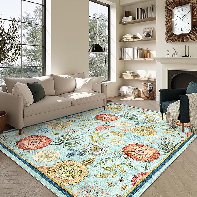 GarveeHome 10x14 Floral Washable Area Rug: Large Living Room Area Rug with Non-Slip Backing Washable Ultra Soft Bedroom Floral Carpet Indoor Stain Resistant Carpet for Dining Room 10*14 ft Light Blue