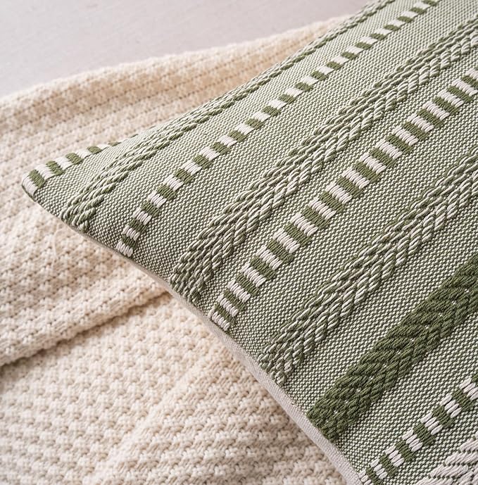 Boho Lumbar Pillow Covers 14x36 Long, Farmhouse Decorative Couch Pillow Cases, Green Accent Pillows of Bed, Sofa Bedroom Living Room Home Decor Cushion Cover, Pack of 1
