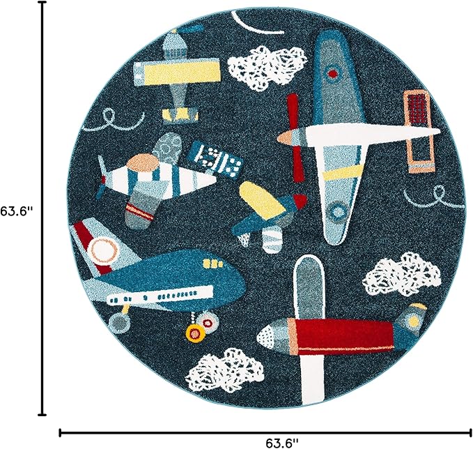 SAFAVIEH Carousel Kids Collection 5'3" Round Navy/Ivory CRK167N Airplane Nursery Playroom Area Rug