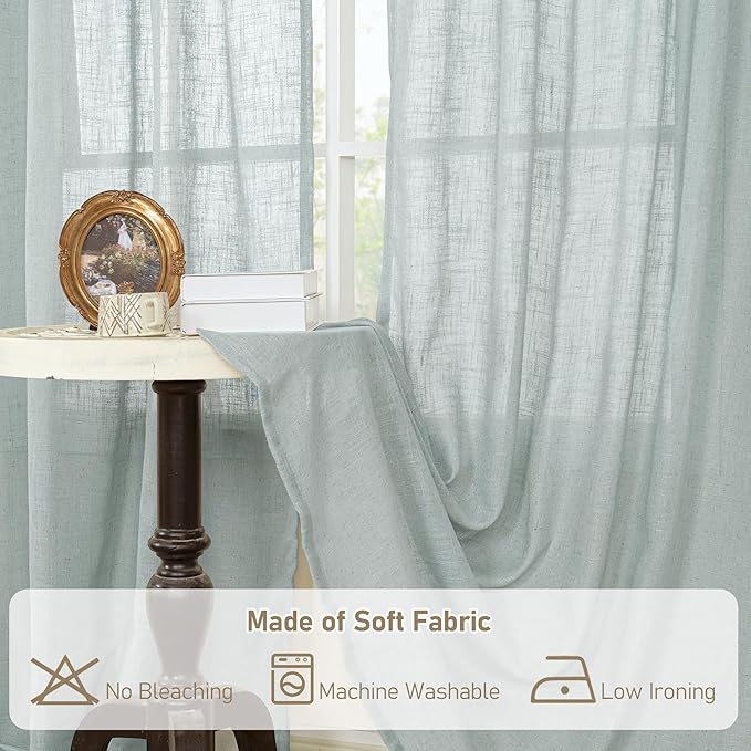 LAMIT Greyish Blue Linen Curtains for Bedroom, 72 Inch Length Light Filtering Semi Sheer Panels Back Tab and Rod Pocket Neutral Drapes for Living Room, 2 Panels, 34 x 72 Inch