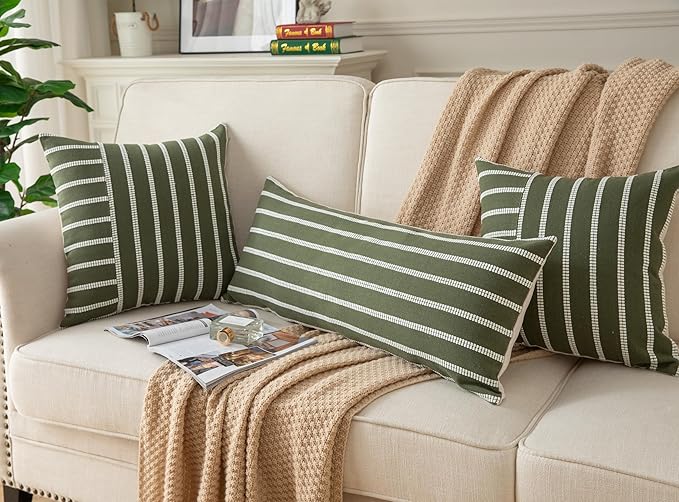 Caflife Boho Lumbar Throw Pillow Cover 14X36 Long Soft Farmhouse Decorative Couch Pillow Cases Green Striped Body Pillow Covers Neutral Cushion Covers for Sofa Bed Living Room Home Decor Pack of 1