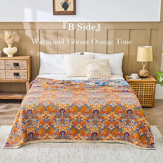 Blue Orange Fall Blanket 60"x 80" Boho Throw Blankets for Couch Bed Chair, 100% Cotton Quilts Warm Soft Blanket Muslin Bed Blankets Home Decor Farmhouse Warm Throws Gifts for Women Mom