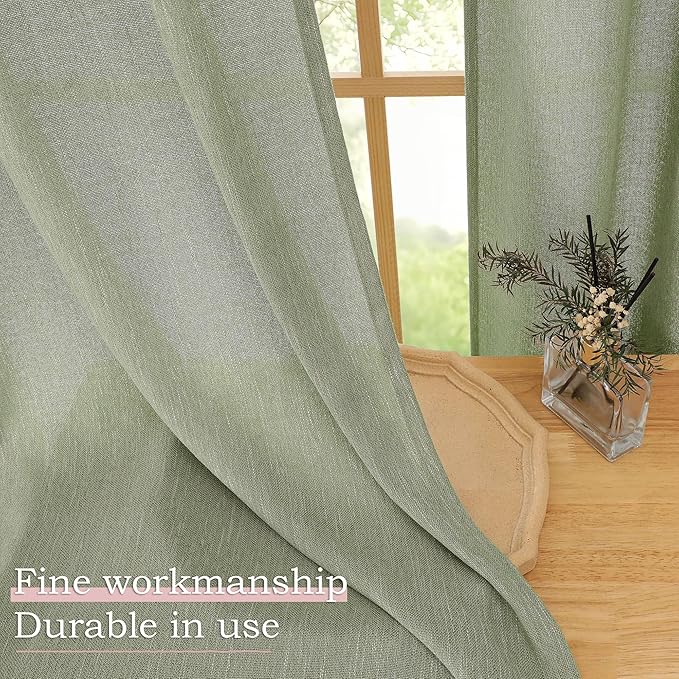 Simplebrand Sage Green Short Faux Linen Textured Cafe Kitchen Curtains 36 Inch Length 2 Panels, Over Sink Semi Sheer Farmhouse Light Filtering Panels Rod Pocket Drapes for Bathroom Window, 40W x 36L