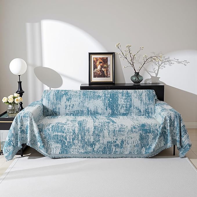 MEETSKY Blue Couch Cover Sectional Sofa Covers Washable Chenille Geometric Abstract Geometric Couch Covers for 2 Cushion Sofa Slipcover Multi-Use Durable Couch Throw Cover for Dogs Pets, 71" x 118"