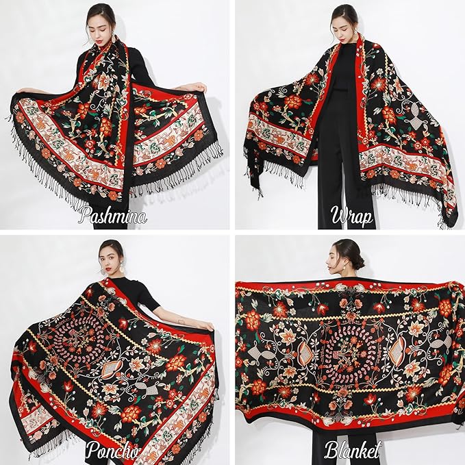 DANA XU 100% Merino Wool Pashmina Shawl for Women 96"x43", Oversized Cashmere Wrap with Tassels, Floral Travel Blanket Cape