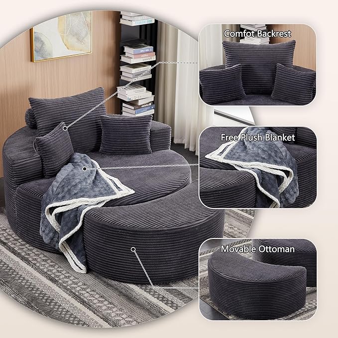 55.11" W Oversized Round Chaise Lounge Chair, Deep Seat Corduroy Cloud with Pillows, Moveable Ottoman and Blanket– Comfy Circle Loveseat Sofa Chair for Living Room or Bedroom (Grey)