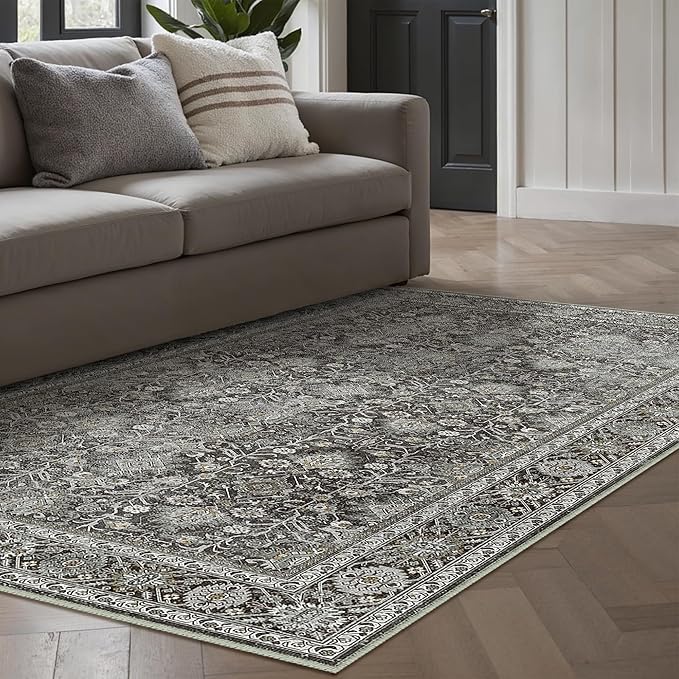 Vintage Area Rug 4x6 Black Entryway Office Washable Carpet Non Slip Bedroom Indoor Living Room Door Mat Low Pile Traditional Distressed Retro Accent Rug for Dining Room Bathroom Kitchen