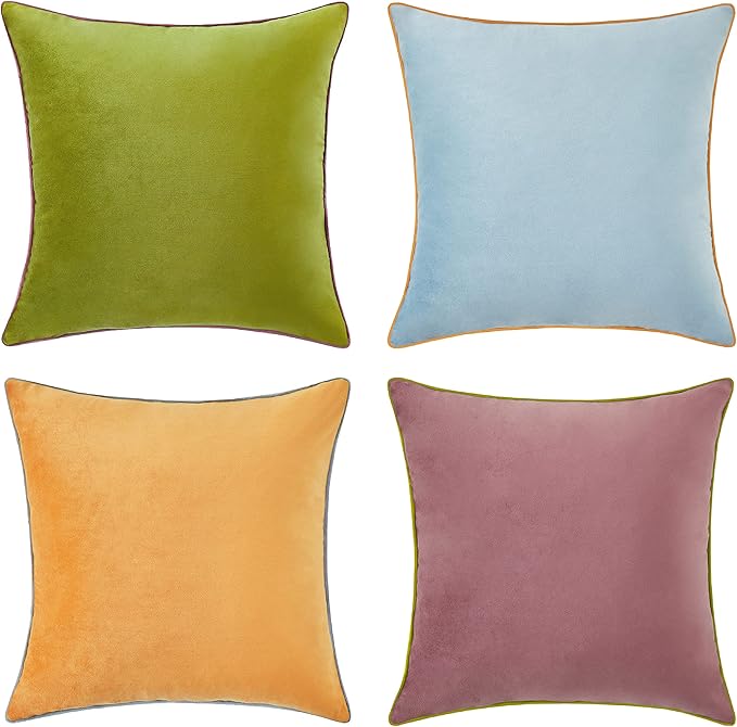 MONDAY MOOSE Decorative Throw Pillow Covers Cushion Cases, Set of 4 Soft Velvet Modern Double-Sided Designs, Mix and Match for Home Decor, Pillow Inserts Not Included (18x18 inch, Purple/Green)