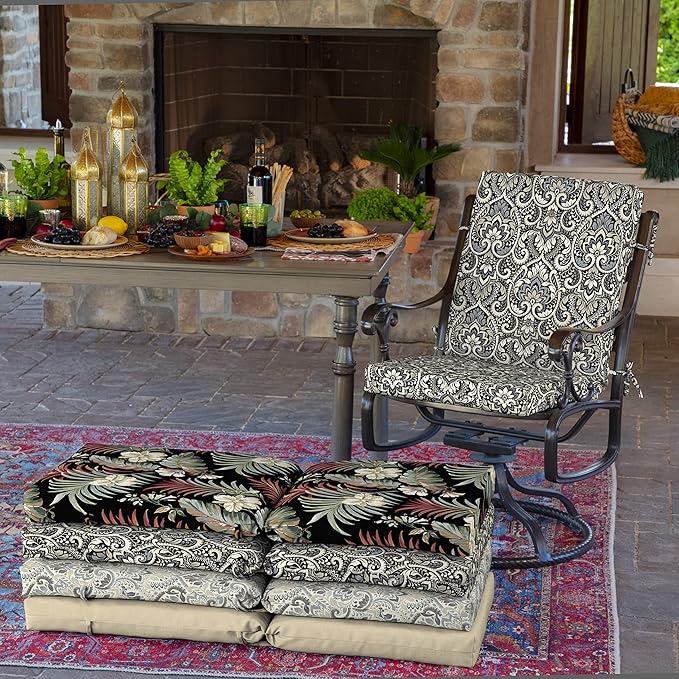 Arden Outdoor Dining Chair Cushion, 20 x 20, Rain-Proof, Fade Resistant, Black Aurora Damask