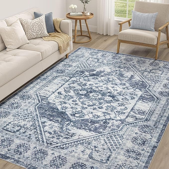 Vintage Living Room Area Rug 6x9 - Large Soft Washable Oriental Traditional Distressed Farmhouse Rugs for Bedroom - Indoor Floor Accent Carpet for Home Office House Decor - Distressed Blue