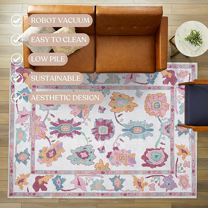 Fame Living Pink Oushak Rug, Modern, Vintage, Turkish, Eclectic, Floral, Pastel, Washable, Oversized, Extra Large Area Rugs for Living Room, Dining, Bedroom, Lounge 9'5"x14'