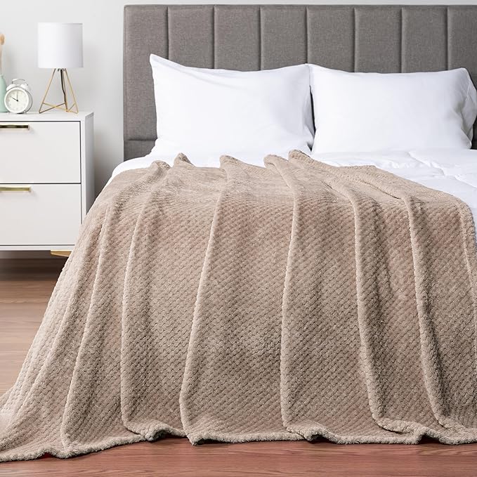 PAVILIA Tan Taupe Throw Blanket for Couch, Twin Bed, Soft Fleece Throws for Sofa Chair, Fuzzy Waffle Textured Blanket, Cozy Warm Lightweight All Season Blanket Throw, 60x80