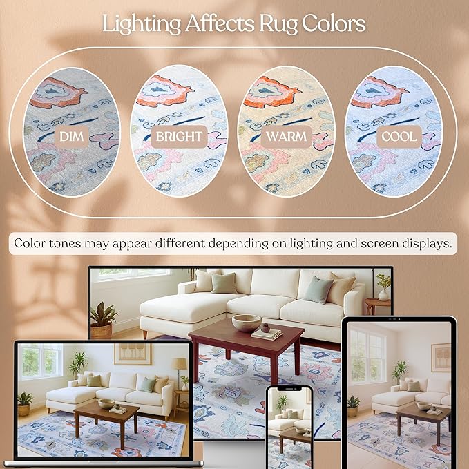Fame Living Cream Oushak Rug, Modern, Vintage, Turkish, Eclectic, Floral, Pastel, Washable, Extra Large Area Rugs for Living Room, Dining, Bedroom, Lounge, 9'x12'