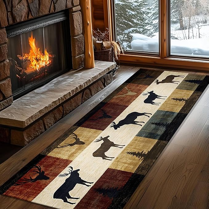 Colorful Elk Pine Tree Bohemian Hallway Rug 3.3x7ft with Checkered Texture - Retro Washable Kitchen Mat, Non-Slip Floor Decor for Dining Room Balcony, Canvas Art Style
