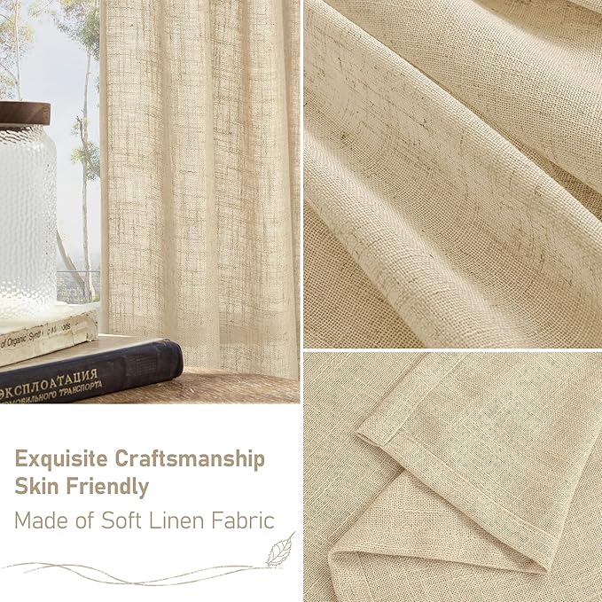 LAMIT Small Window Linen Curtains 45 Inches Long, Semi Sheer Light Filtering Panels Back Tab and Rod Pocket Cafe Drapes for Basement/Window/Kitchen, Linen, 2 Panels, 34 x 45 Inch