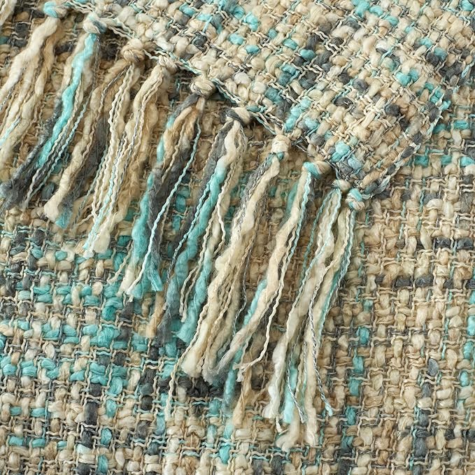 Multi-Color Blue Grey Cable Knitted Throw Blanket for Couch,60"X80" Boho Style Textured Blankets for Home Decor,Super Soft Warm Cozy Chunky Knit Blanket with Decorative Tassels for Bed