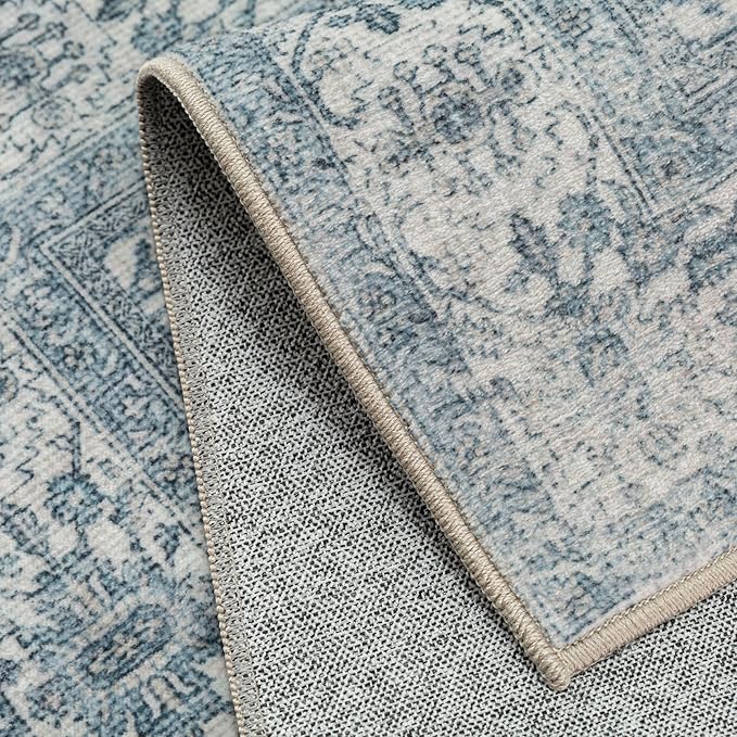 Vintage Area Rug 8x10 Blue Washable Living Room Large Carpet Non Slip Bedroom Indoor Office Low Pile Traditional Distressed Retro Accent Rug for Dining Room