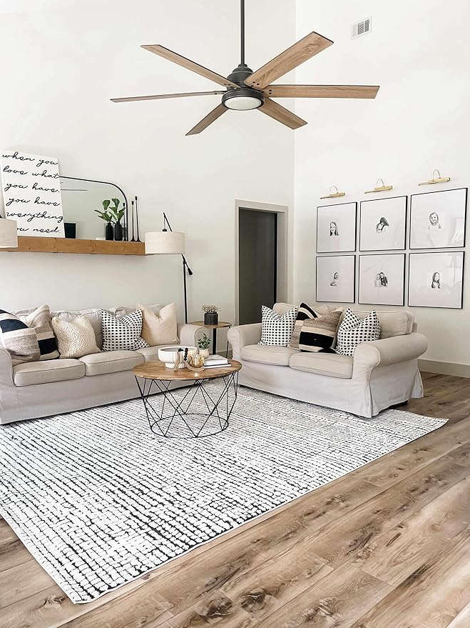 Hauteloom Keita Contemporary Mosaic Area Rug - High Pile Fluffy Soft Shag Carpet for Living Room, Bedroom - Black and White - 5'3" x 7' (5x7)