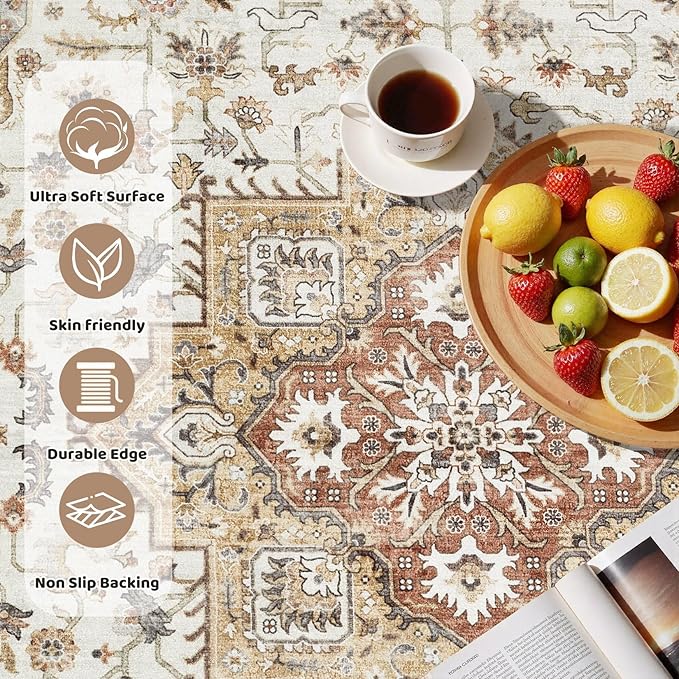 5ft Round Vintage Living Room Area Rug - 5x5 Large Soft Washable Oriental Traditional Distressed Farmhouse Rugs for Bedroom - Indoor Floor Accent Carpet for Home Office House Decor - Golden Taupe