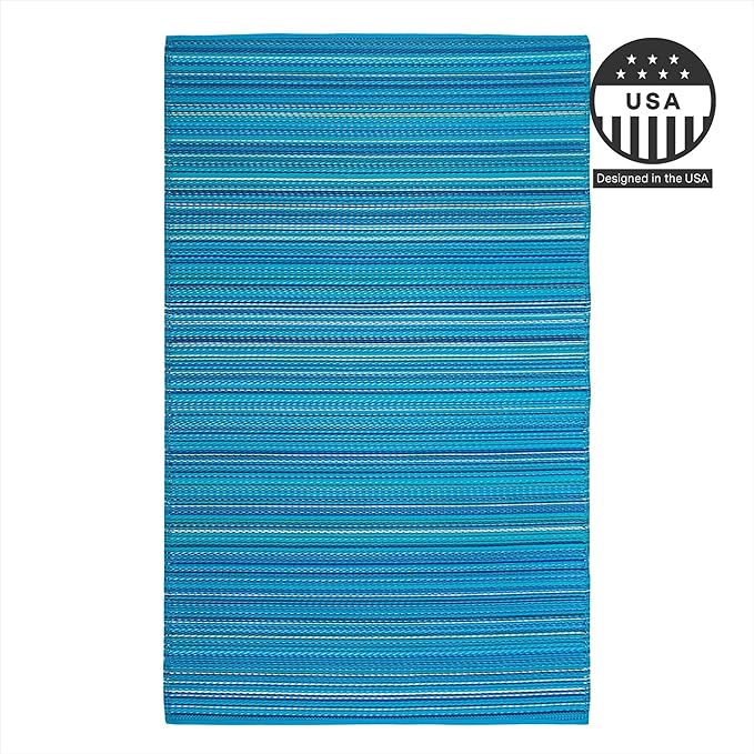 FH Home Outdoor Rug - Waterproof, Fade Resistant, Crease-Free - Premium Recycled Plastic - Striped - Patio, Deck, Porch, Balcony, Laundry Room - Havana - Turquoise Crease Free - 4 x 6 ft