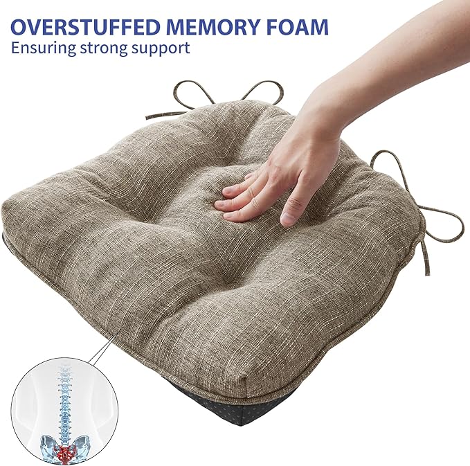 Chair Cushions for Dining Chairs Set of 4, Kitchen Chair Cushions, Chair Pads with Ties and Non Slip Backing, Tufted Memory Foam Seat Cushion 4 Pack, 18" x 18" x 4", Khaki