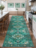 Tangsoo 2x10 Washable Runner Rug for Hallways, Non Slip Vintage, Soft Low Pile Long Rugs Runner, Print Distressed Emerald Carpet Runners for Kitchen Bedroom Entryway Bathroom Living Room