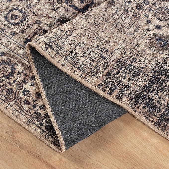 Bloom Rugs Washable Non-Slip 3' x 5' Rug - Light Tan/Blue Traditional Oriental Area Rug for Living Room, Bedroom, Dining Room, and Kitchen - Exact Size: 3' x 5'