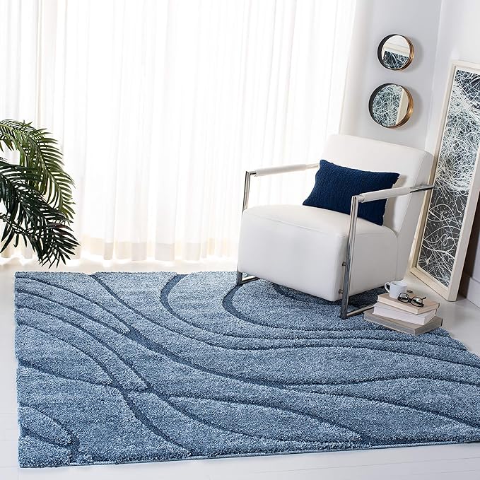 SAFAVIEH Florida Shag Collection Area Rug - 8' Square, Light Blue & Blue, Non-Shedding & Easy Care, 1.2-inch Thick Ideal for High Traffic Areas in Living Room, Bedroom (SG471-6065)