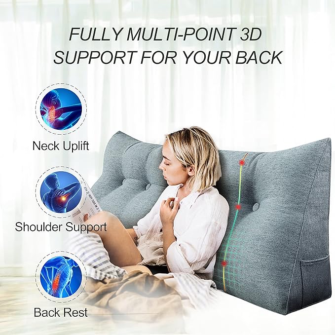 Wedge Headboard Pillow Dorm Room Reading Pillow Back Support for Sitting Up in Bed Bolster Lumbar Cushion Body Positioning Bedrest Cotton Linen 39in Gray Twin