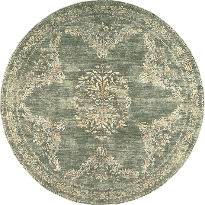 jinchan Round Rug 7ft Area Rugs, Vintage Floral Distressed Design Machine Washable Soft Non-Slip Low-Pile Ultra-Thin Christmas Circle Rug for Living Room Dining Room Home Office (7' Round, Dark Green)