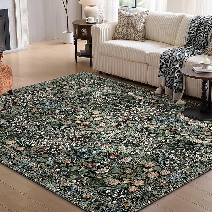 MUJOO Floral 5x7 Area Rugs,Washable Rug for Living Room Bedroom Office Dining Room,Large Throw Carpet,Boho Non Slip Indoor Floor Big Soft Botanical Vintage Ultra-Thin Black and Green