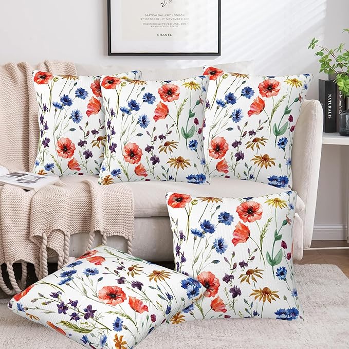 Wildflowers Throw Pillow Covers Set of 2 Watercolor Poppy Pillow Covers 16x16 Inch Modern Farmhouse Home Decorative Pillow Cases Cushion Cover for Sofa Living Room Office