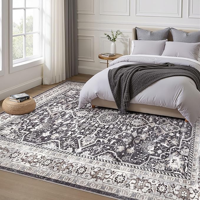 Black Rug Living Room Rugs: 8x10 Washable Boho Large Vintage Moody Soft Distressed Oriental Stain Resistant Non-Slip Indoor Floor Carpet for Bedroom Playroom Office Dining Room Retro Home House